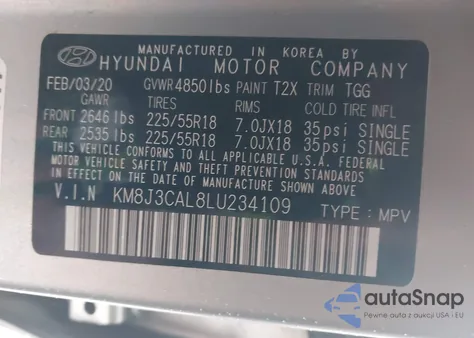 2020 Hyundai Tucson Sel z USA, uszkodzony, nr VIN KM8J3CAL8LU234109